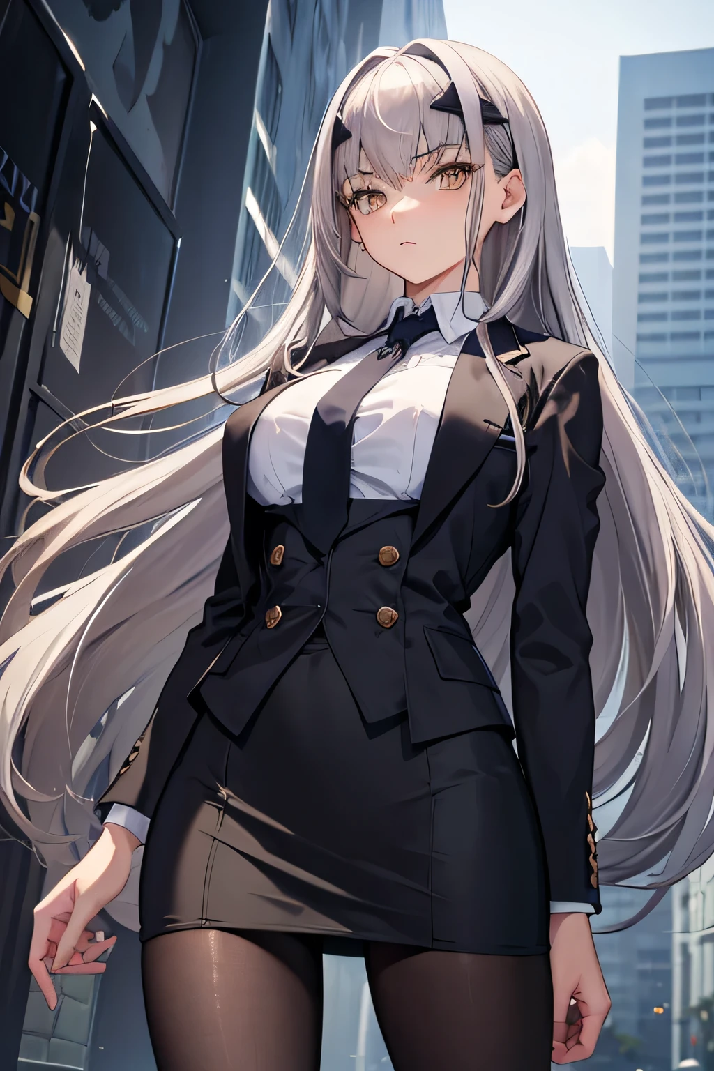 masterpiece, Highest quality, 1 person,( Large Breasts,Are standing, View your viewers,),Detailed Background、A person who writes in detail、Accurate human body、Knowledgeable person、Accurate 5-finger,Mature Woman,Thighsが太い,Curvy Body,Melusine, (Brown eyes:1.5), Long Hair, ((Gray Hair)), Side Lock,Long sleeve、Thighs、alone,((formal,suit,Jacket,tie,Long sleeve,Pencil Skirt,pantyhose,))