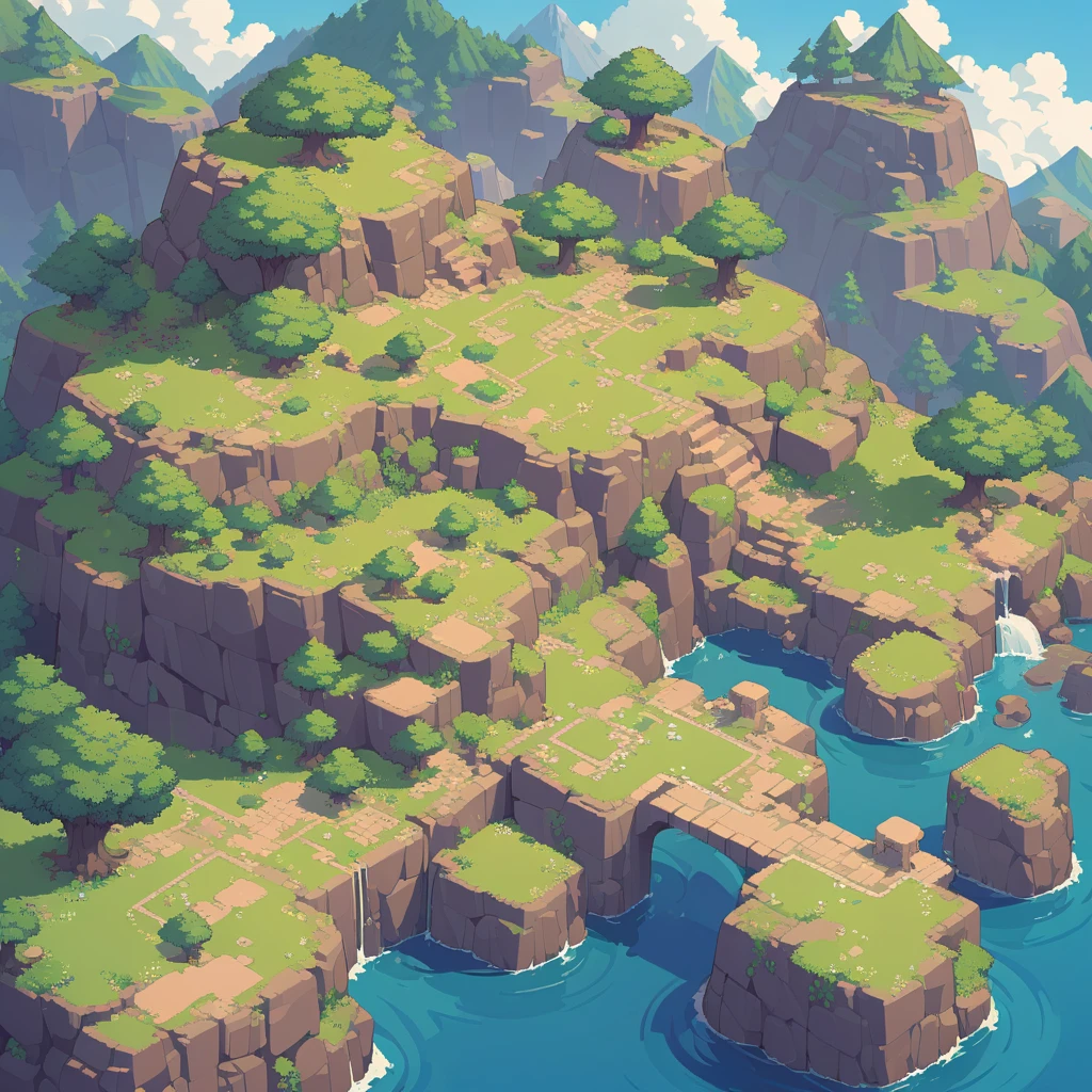 retro video game style,pixelated, vibrant pastel colors,8-bit characters,blocky shapes,sharp lines,detailed shading,classic gaming vibe,nostalgic atmosphere,classic arcade games,masterpiece:1.2,ultra-detailed,illustration style, 2d texture, stone texture, 4 k seamless mud texture, video game texture, dirt texture, tileset, game tiles, grass, 3/4th perspective trees, 3/4th perspective tileable rock texture, 3/4th perspective tileable cliff formations, tileable trees, topdown view, game texture, game art, tileable texture, very detailed cliff texture, intricate stones, top down view, 3/4th perspective