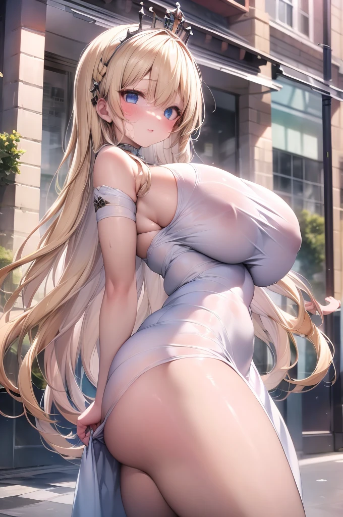 girl, huge breasts, thick thighs,Huge ass, blush, blush stickers, cleveage, , rest looking at viewer, rest outdoors, City, rest (masterpiece:1.2), best quality, high resolution, Unity 8K wallpaper, (illustration:0.8), Beautiful and delicate eyes:, Extremely detailed face, Perfect lighting, Extremely detailed CG, 1 Girl, Calcutta, Blonde Hair, Very long hair, White headdress, The crown on the head, White Dress, blue eyes, Medium breasts