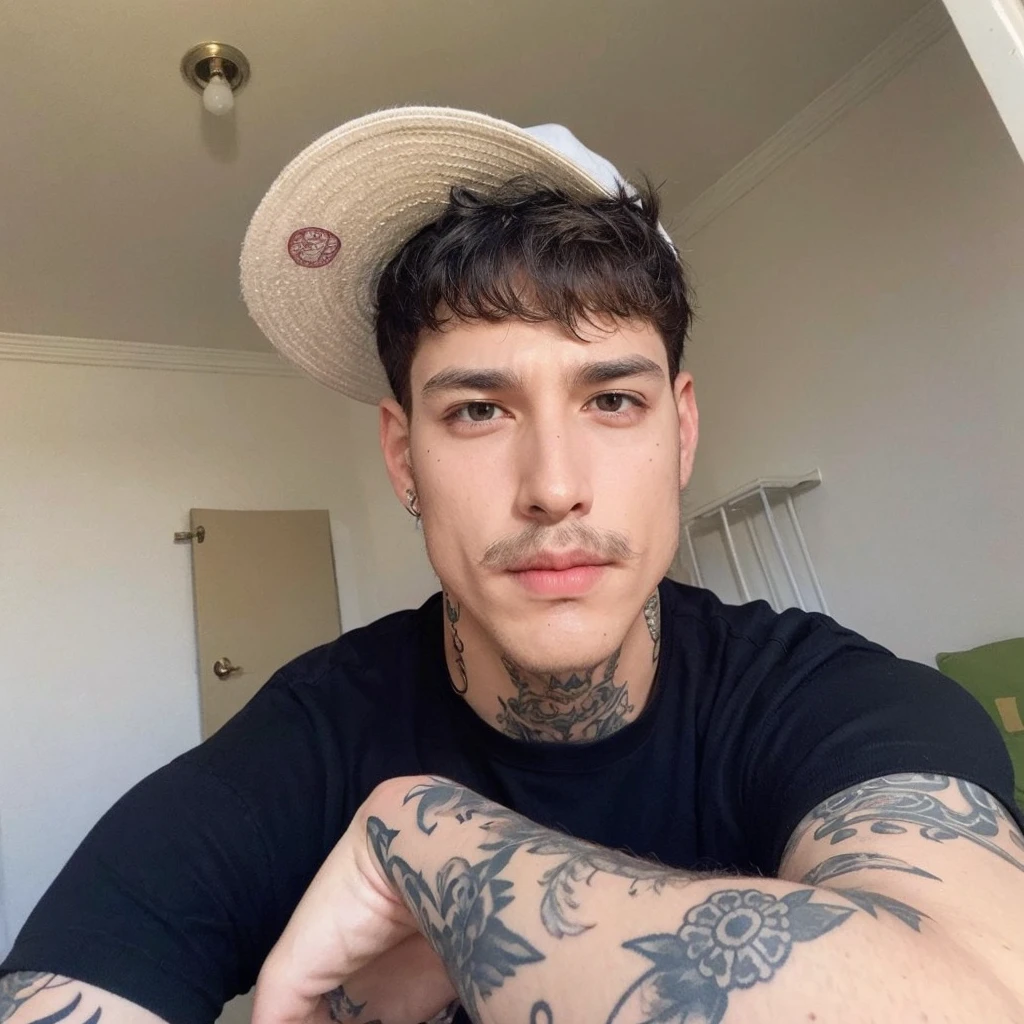 He wears a cap, straight hair and defined jawline, looking at camera and thin mustache, tatoo