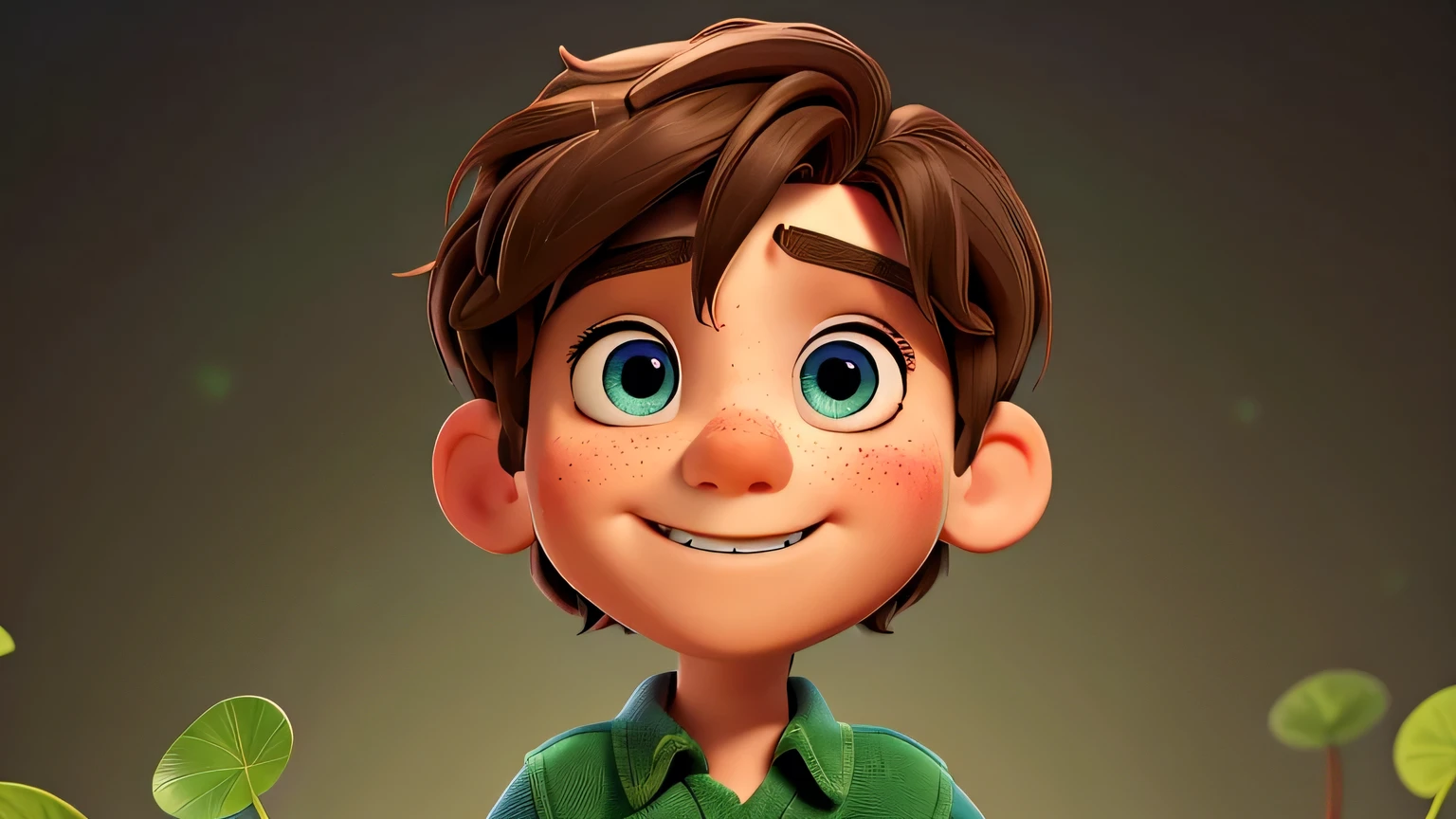 Alex:
Age: 10 years old
Appearance: Short, brown hair, bright blue eyes, a sprinkle of freckles across his nose, and a contagious smile that could light up a room.
He looks up with a look of amazement in his eyes, and the background of the picture is a green vine.