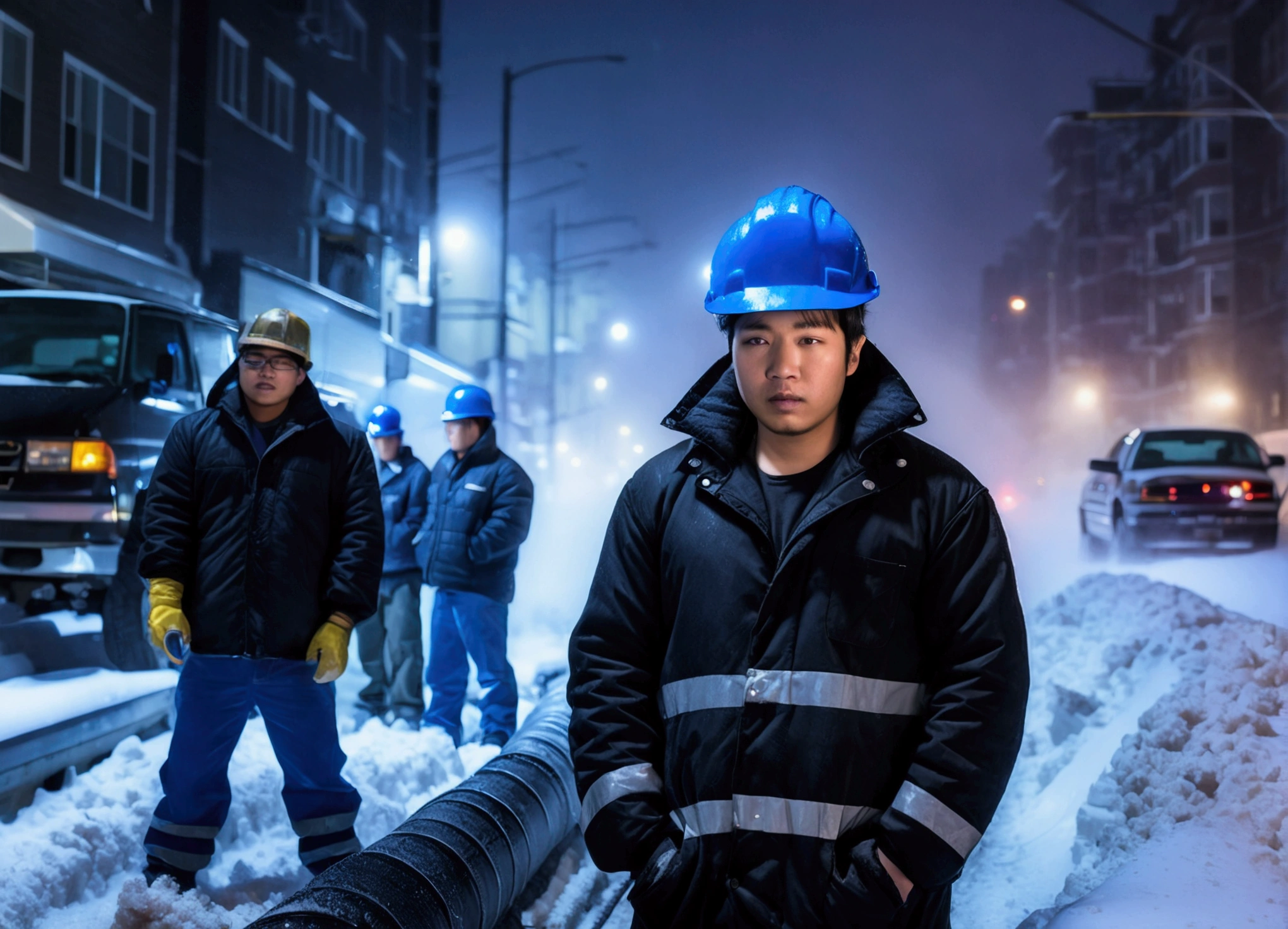 A 20-year-old Asian male worker wearing a blue safety helmet is repairing a pipeline while a group of Asian workers are working. The background is a city street in heavy snow, with thick heating pipes (wearing a black cotton jacket: 1.5), (late night, night, night view, lighting: 1.5) (blizzard, blizzard: 1.5)