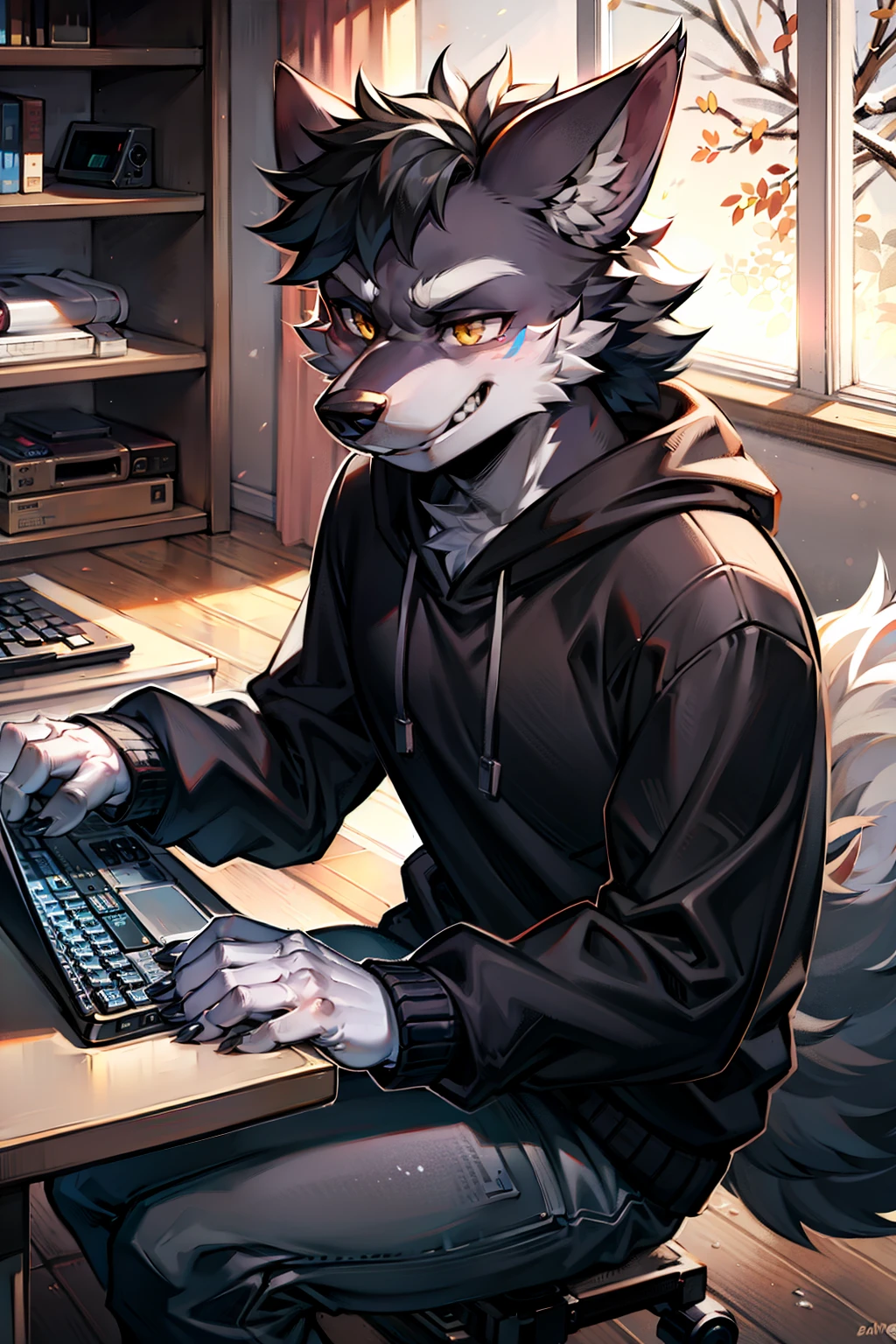 In a gloomy room,A black,cute,Wearing a sweatshirt,Smiling,Hacker high school student wolf orc typing on keyboard