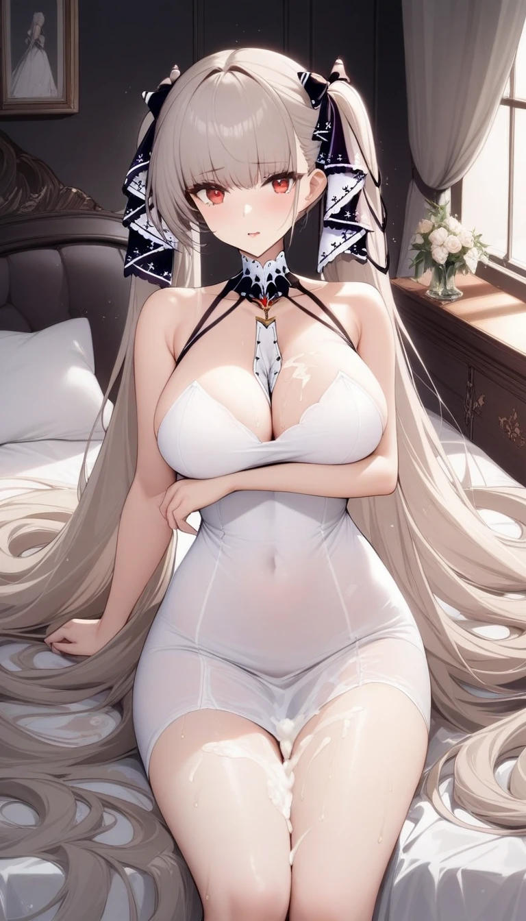 masterpiece, best quality, very aesthetic, absurdres, 1girl, mature_lady,white_dress,(cum_on_body:1.2),,formidable_(azur_lane), azur_lane,1girl,  red_eyes, very_long_hair, grey_hair, hair_ribbon, long_hair, twintails, absurdly_long_hair,  white_ribbon,,in bedroom,floating droplets of water,