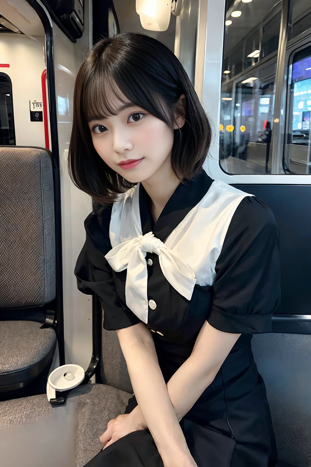 Create a close-up image of a beautiful Japanese woman who works as a bus guide with a seductive expression.。She wears a tight uniform、プロフェッショナルさとcharmを強調しています。Her hair was neatly tied up.、She has an elegant look with her short hair style.。The background is a softly blurred bus interior.、The warm lighting highlights her features.。The makeup is perfect、特に目と唇に重点を置いて彼女のcharmを引き立てています。Confident、She has a slightly mysterious look、Elegance、charm、And it creates a professional atmosphere.。It fits her body perfectly、Show off your curves but still look polished and professional。makes her silhouette look elegant、Make sure to highlight her style。