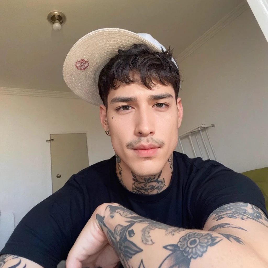 He wears a cap, straight hair and defined jawline, looking at camera and thin mustache, tatoo