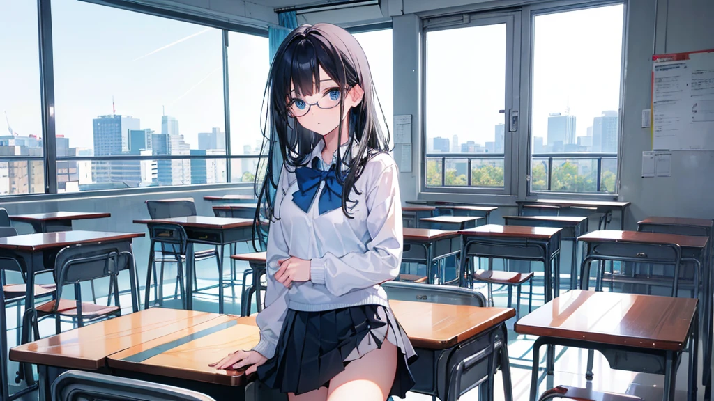 young girl, high , classroom, skirt, light blue eyes, black hair, glasses, quiet, elegant