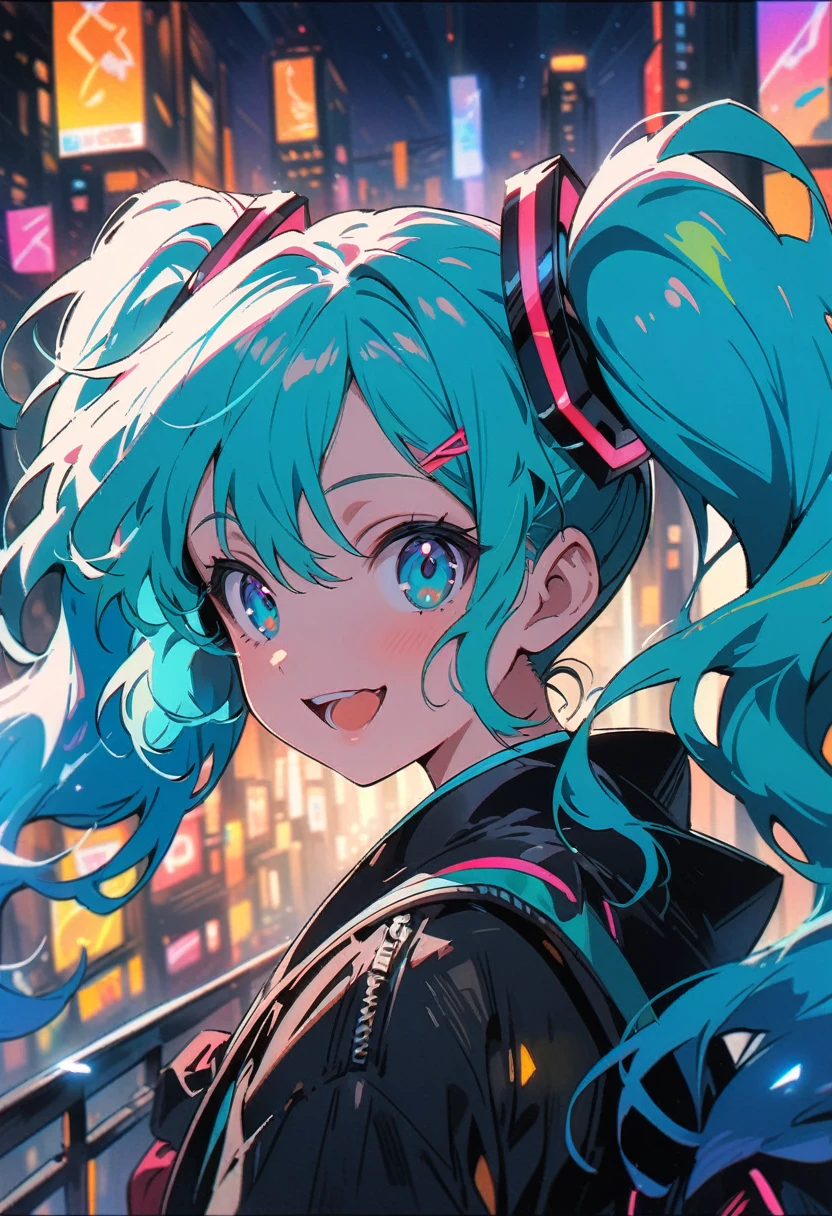 (Highest quality,4K,8k,High resolution,masterpiece:1.2),Very detailed,Vibrant colors,Beautiful details,Beautiful lip detail,Cute girl with long turquoise twin tails,stylized cel shading,Dynamic pose,Neon cityscape background,Singing on the rooftop,Anime-style artwork,Happy and cheerful expression,Lens flare,The city lights in her eyes,hatsune miku