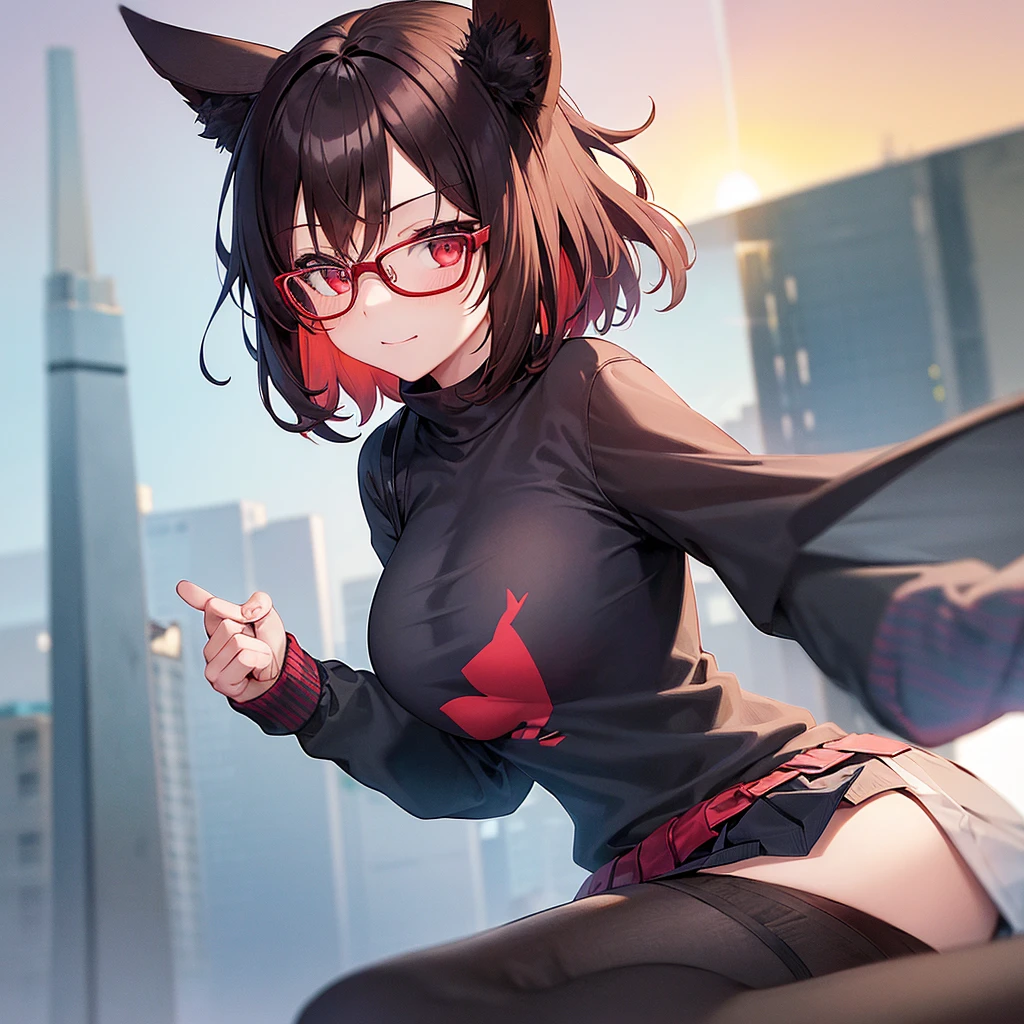 1 girl, mischievous expression, red glasses, horse ears, wearing a light blue winter jacket, black turtle inner top, big breasts, red eyes, brown hair, short hair, white mesh bangs, black wide pleated skirt, black knee socks, black shorts boots, dusk, sunset sky, sunset