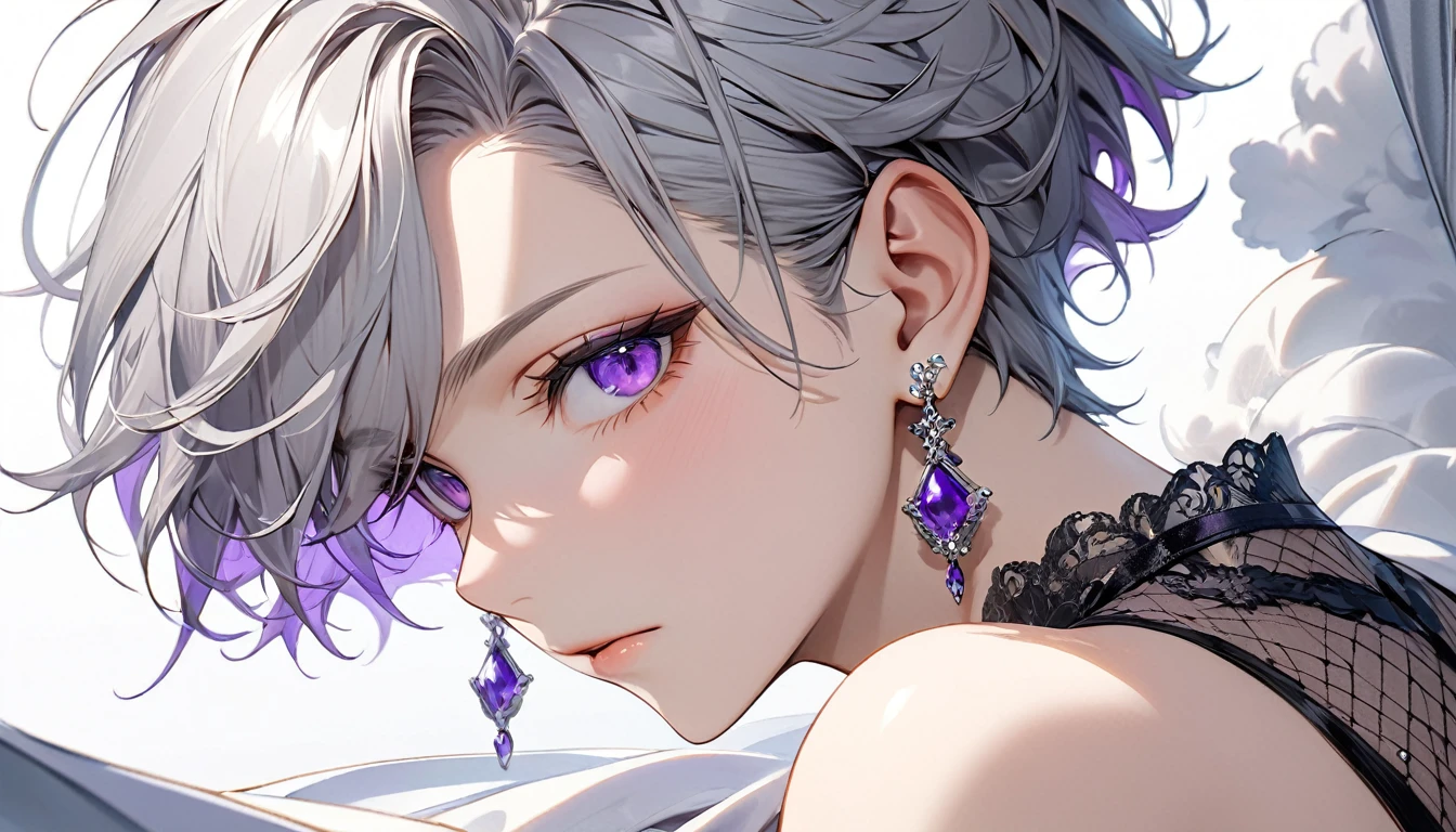 ((masterpiece)), ((Highest quality)), ((High resolution)), ((In detail)),((Highest quality, 8k, masterpiece)), A tall and beautiful boy、It is drawn in a two-dimensional style.。He has short grey hair combed back、The fluffy bangs have purple mesh in them.。The purple eyes are striking、Wear silver earrings、I'm wearing glasses。He is dressed in a beautiful 2D military outfit.。It is a long sleeve that hangs down, leaving only the left shoulder exposed.。He smiled quietly.、Standing in the study。The study has a large bookshelf and a large window overlooking the starry sky.、You can see a beautiful starry sky from the window.。On the desk is a retro microphone and a book.、You can see him turning around to broadcast the podcast.。