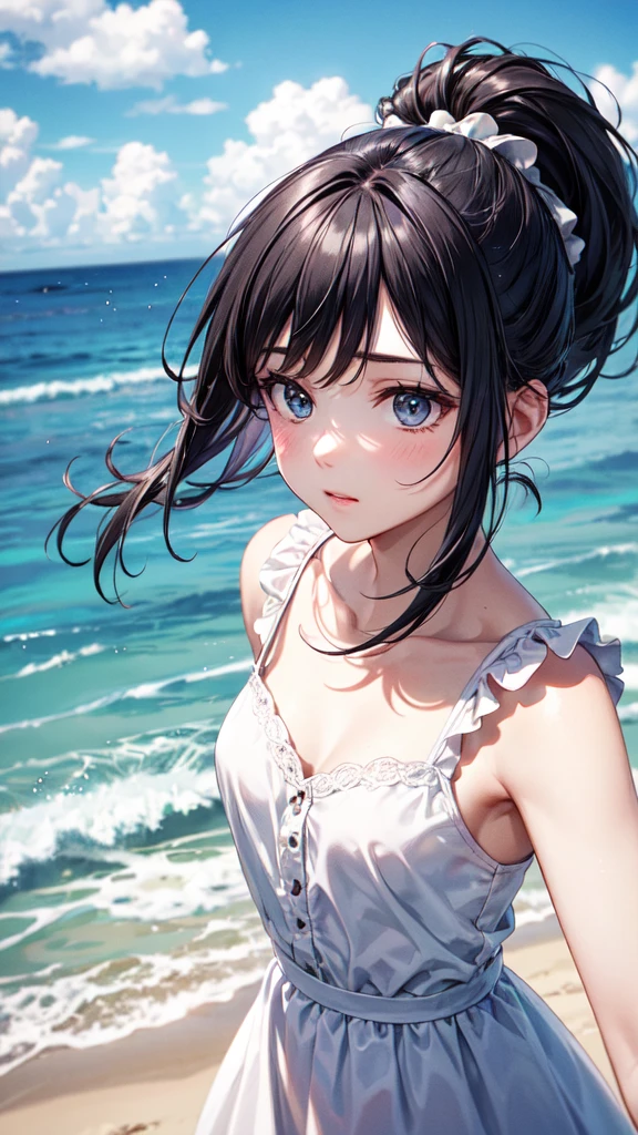 Very cute beautiful girl,A white sundress with delicate ruffles,(Very fine beautiful face), (lol),Black Hair, cloth,Beach,Panini,(From above), (Highest quality,masterpiece:1.2),Absurd,High resolution,Very detailed,Very detailed,32K,8k resolution, Intricate details,Movie Scenes,Detailed Background,Lonely,Dynamic Angle, Natural light,Hair blowing in the wind,Beautiful and detailed sky, (practical),ponytail,lol顔がかわいい