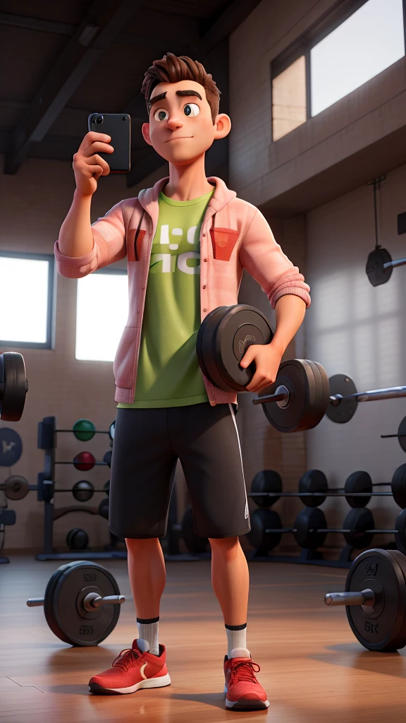an athletic man standing in the gym with iphone 15 pro max taking selfie with several weights around him and a girl looking at him taking photo