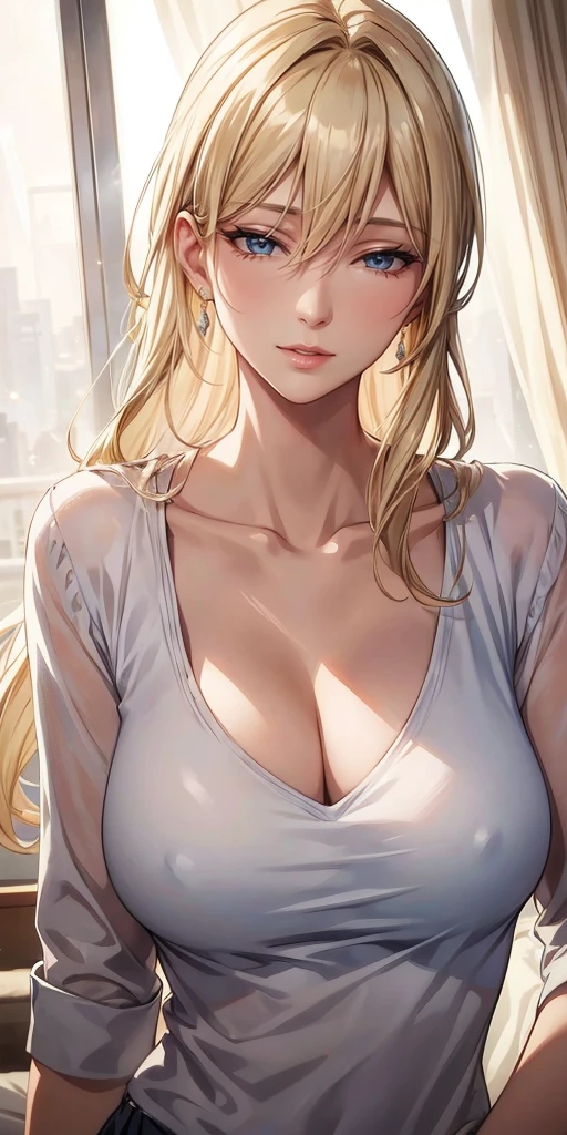 Anime Style, Elegant mature woman, blue eyes, Blonde, Soft Light, Detailed, 4K resolution, high quality