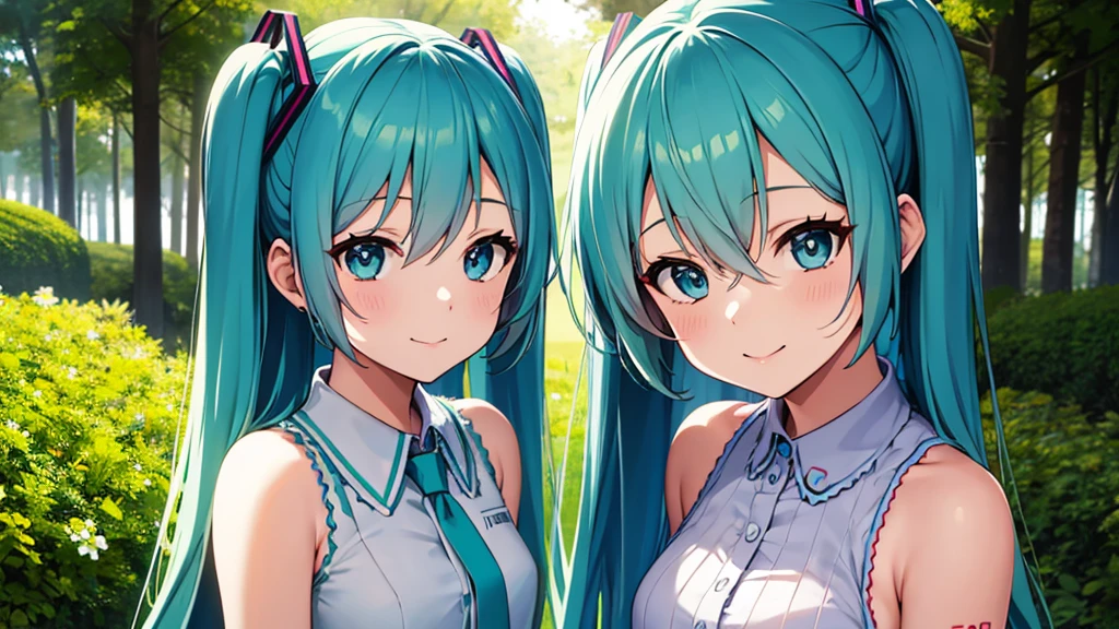 Anime characters、hatsune miku、Looking at you with a smile、wood々Sunlight background shining in from between