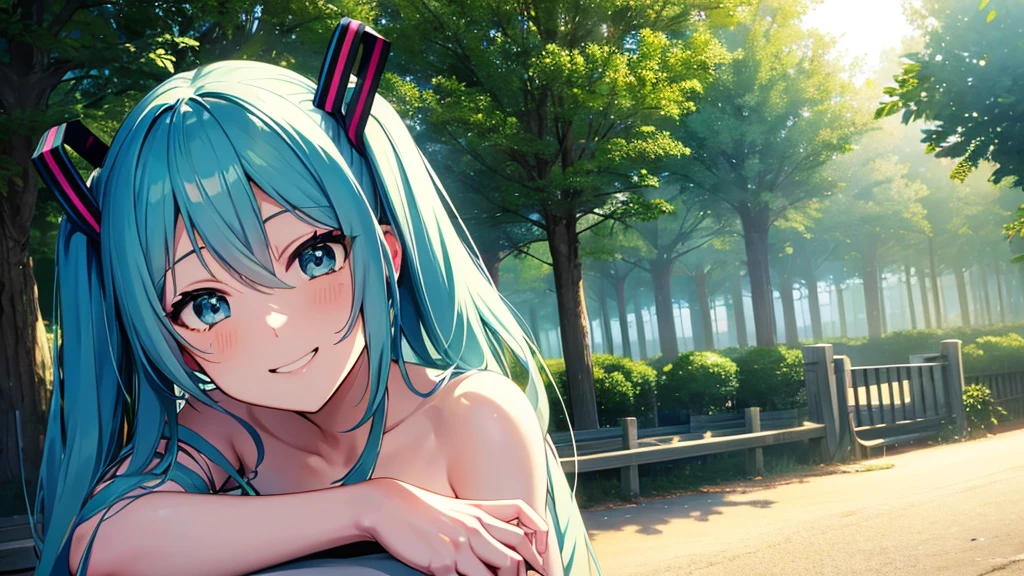 Anime characters、hatsune miku、Looking at you with a smile、wood々Sunlight background shining in from between