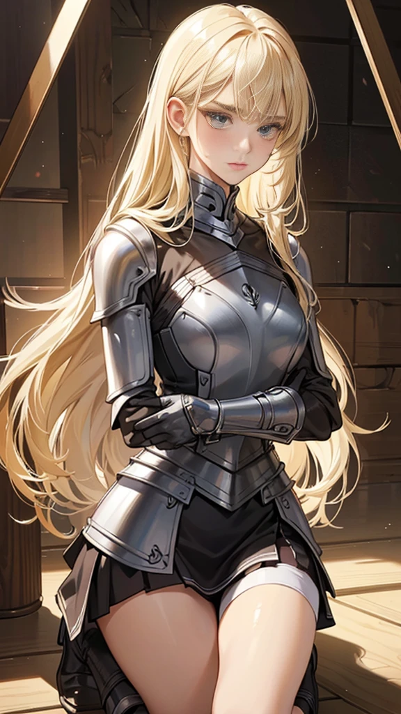 {{masterpiece}}, {{{best quality}}},{{ultra-detailed}}, {{illustration}},{{tall stature}},{{adult women}},((Sweatをかいて不機嫌な女剣士)),Small breasts,Slender,{{armor}},((mini skirt)),Over-the-knee leather boots,Armor Chest Breast Armor Get down on one knee V-shaped eyebrows Sweat Gauntlet A strong expression blunt bangs Blonde long hair 1 female,alone, inside a prison cell