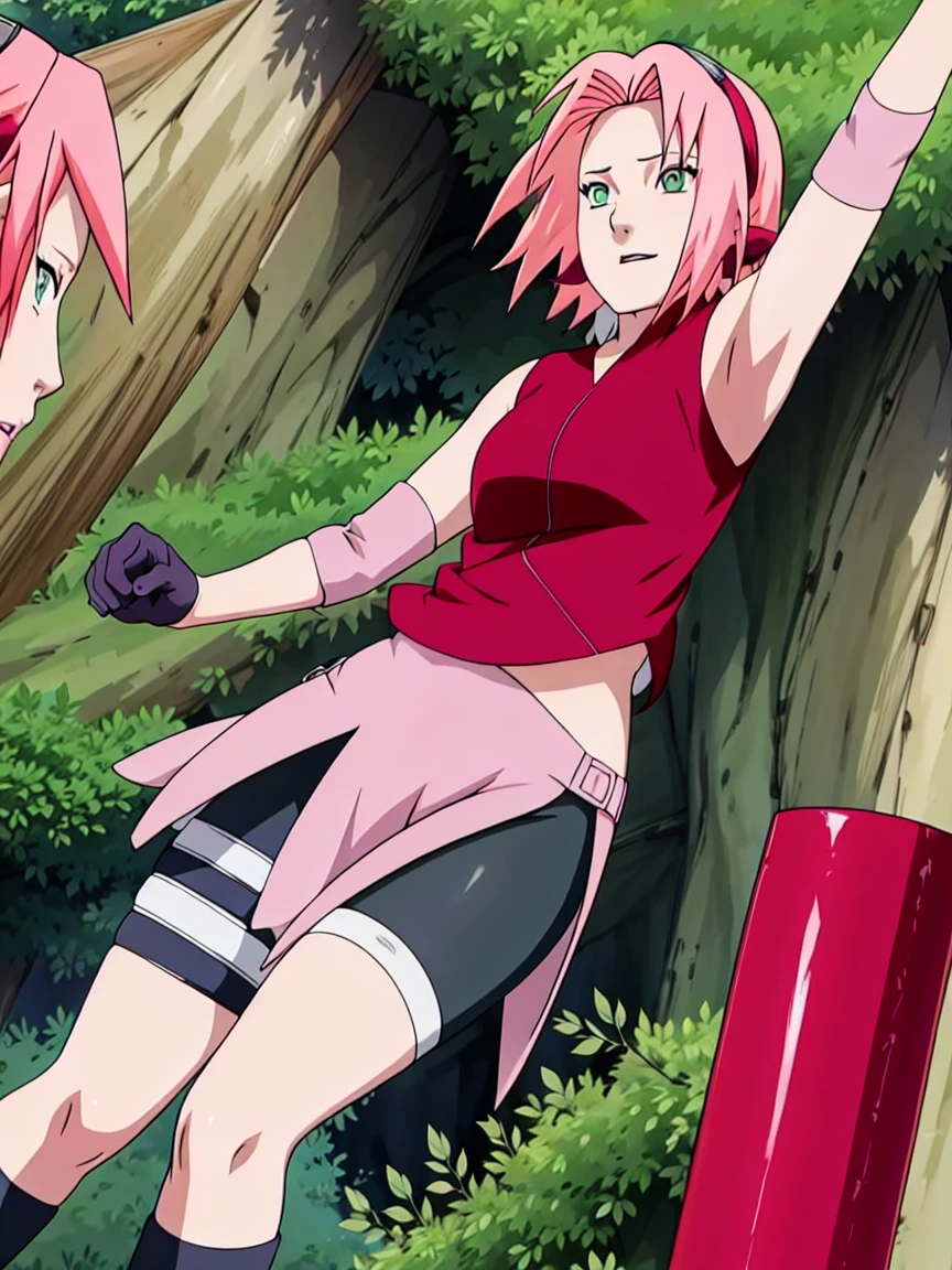 Sakura Haruno nude,wide hips,abdomen,sexy ,Show your armpits,jump,On the tree,NSTDA.(( naked,Torn shirt,full body,sleep, In the forest,open shirt,nipple)), ((blushing, sexually aroused ,fight, touch))