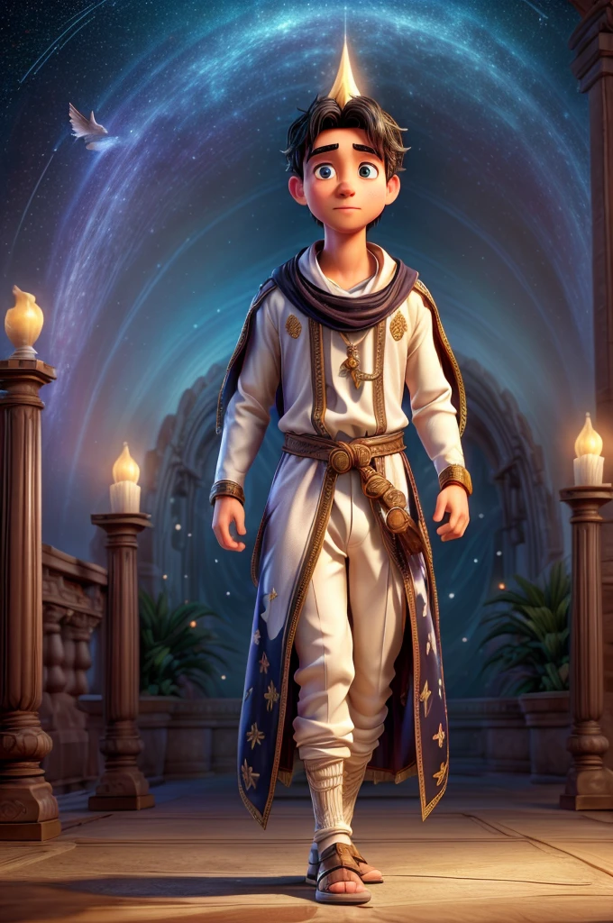 A white man with black hair, dressed in white and gold robes, in an immense, enchanted universe filled with light and birds, (best quality,4k,8k,highres,masterpiece:1.2),ultra-detailed,(realistic,photorealistic,photo-realistic:1.37),HDR,UHD,studio lighting,ultra-fine painting,sharp focus,physically-based rendering,extreme detail description,professional,vivid colors,bokeh,religious,spiritual,sacred,divine,ethereal,celestial,majestic,awe-inspiring,glowing,incandescent,radiant