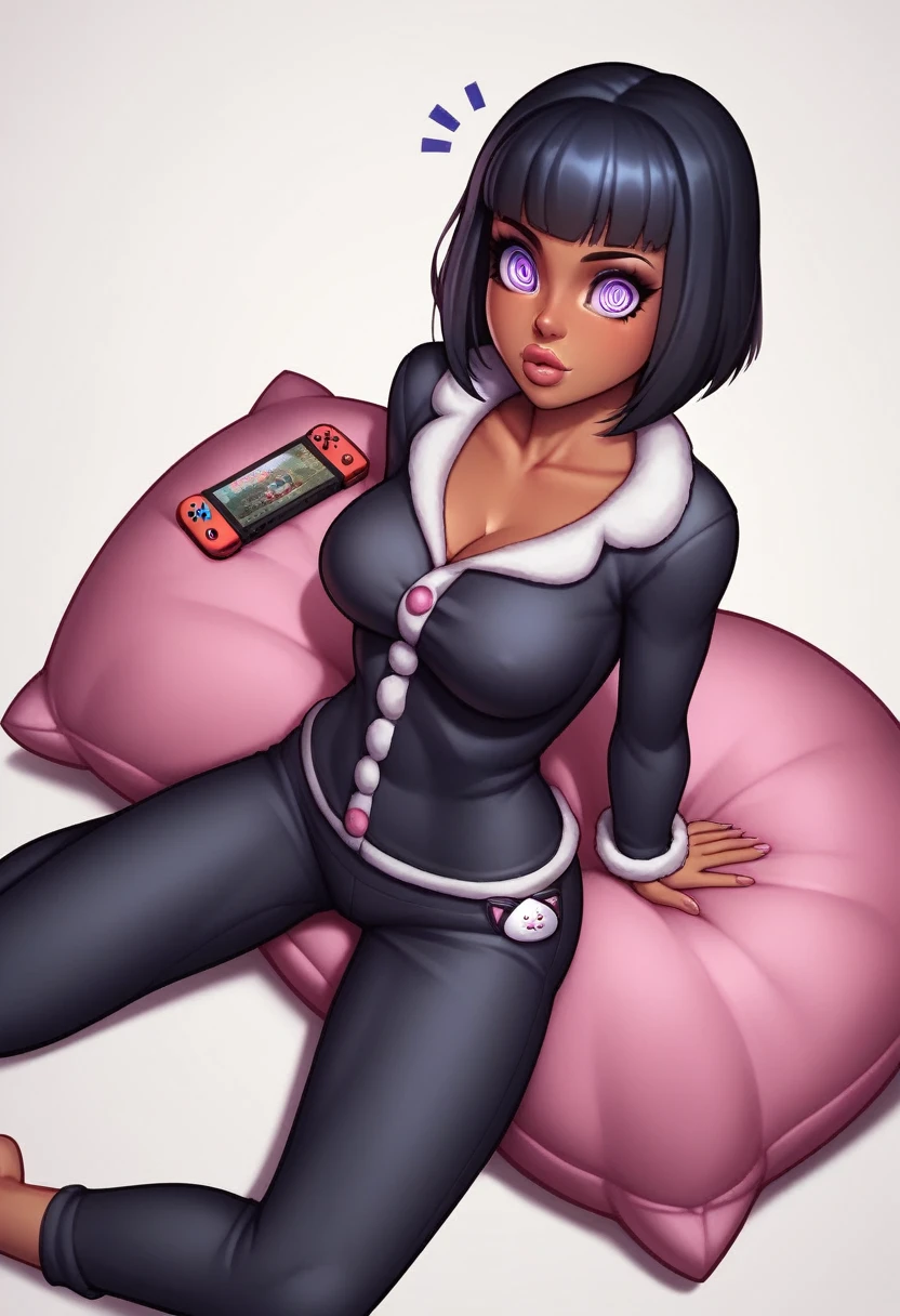 punctuation_9, punctuation_8_High above, punctuation_7_High above, punctuation_6_High above, punctuation_5_High above, punctuation_4_High above, break 1girl, Bblack hair, darkskin, thick lips, long eyelashes, Severe expression, standing, blunt bangs, grown-up, break solo, breasts big, grown-up, skinny, arched back, tight slit, wearing clothes(dressed as a black cat), break (room background1.2), simple background, innocent, kind, adorable, (dressed as a black cat)with a big chest, sitting on the cushion (blue in color), white scenario, with Nintendo switch in hand, fluffy chest, in pajamas(dressed as a black cat), anime cel shaded, Covered breasts and SFW, wearing pajamas(sitting on the cushion (blue in color), with a Nintendo Switch in hand), Kantai Collection Style, anime moe art style, white_mitts, seductive anime girl((dressed as a black cat)), brincando with a Nintendo Switch in hand, playing on it(purple spiral eye)White background,Sitting on a cushion(large pillow is a black stuffed cat).