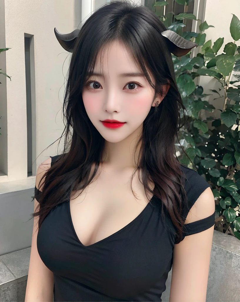 1girl,solo,downblouse, wariza,from above, large breasts, black hair,shirt,blurry background, cow horns, full body,