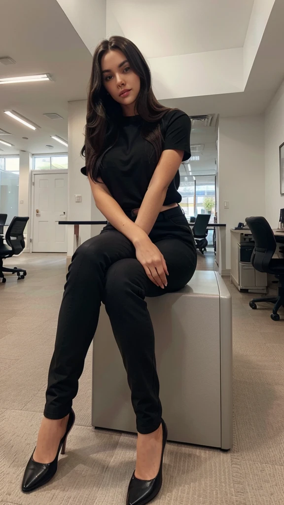 Brunette using a grey tight caffarena. straight black hair. black office pants. black flats. sitting, legs crossed. Instagram style photo, detailed face, UHD, front view