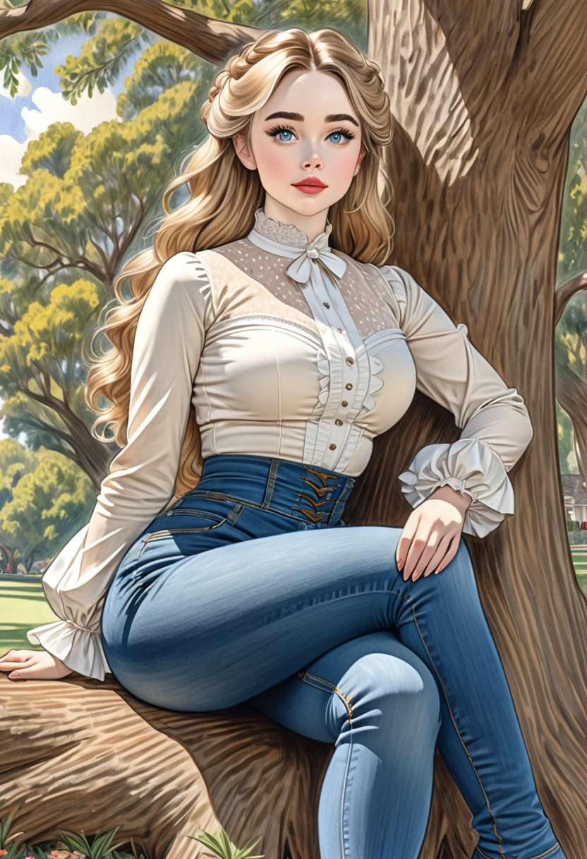 A colored pencil sketch of A beautiful woman with large elegant, A light brown spate top, large heaving breasts, tight highrise jeans. curvy, thin-waist, wide-hips, swaying-hips. . Oppulent historically accurate victorian dress. mash up of Sabrina Carpenter. She is sitting seductively under a live oak tree.