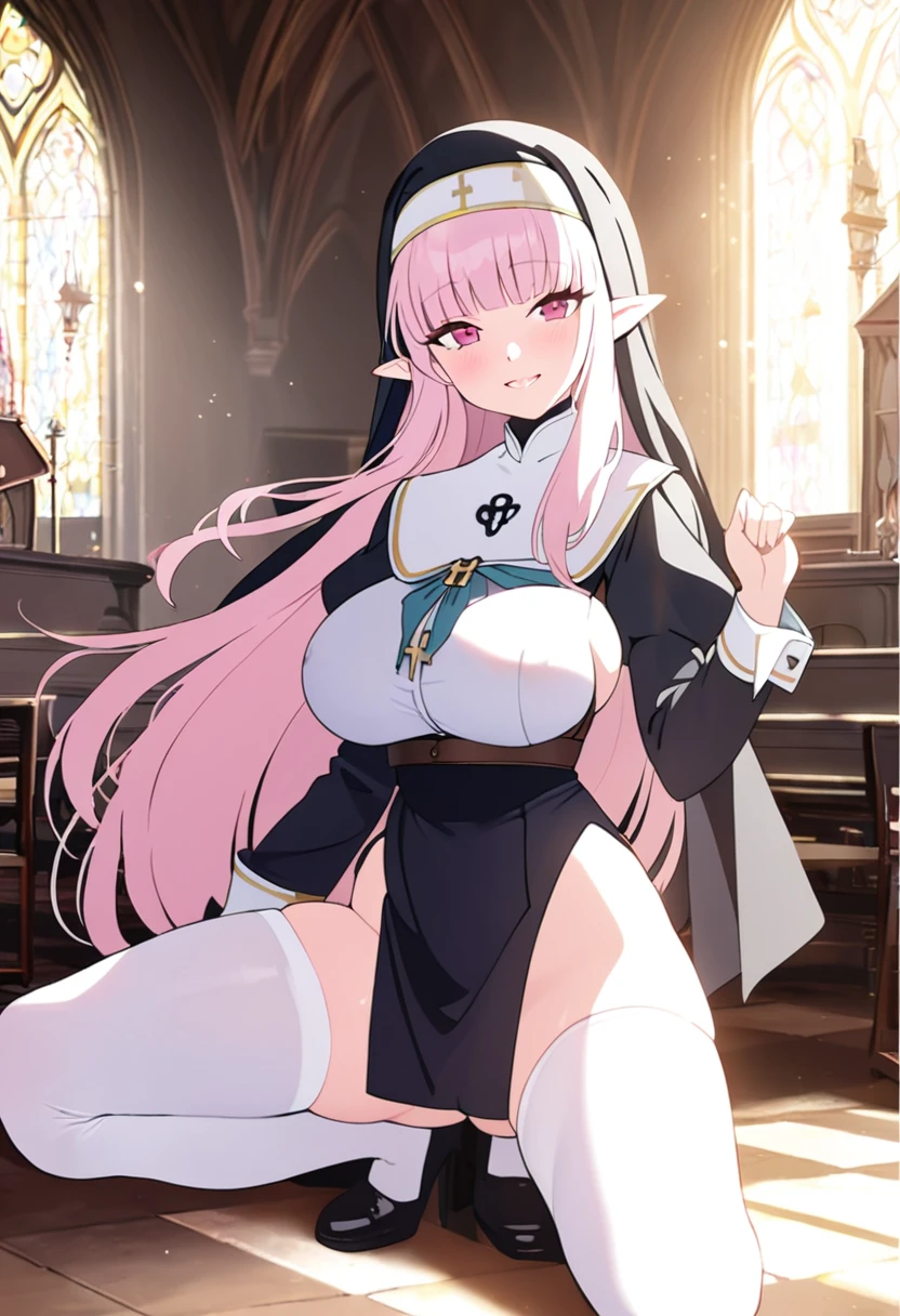  girl, elf, hime cut, long hair, light pink hair, L cup breast, thicc thigh, perfect hourglass body, erotic nun, exposed body, charming smile, church scene, spread legs, charming smile