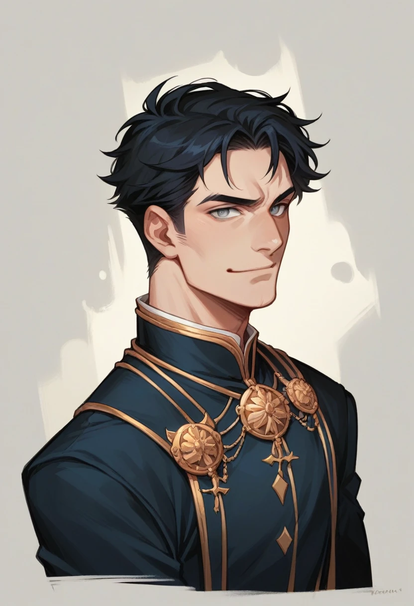 A realistic 20 year prince of darkness. He has grey eyes. Black Hair He is beautful but strong. Wearing all black prince outfit. Has a mischievous smirk