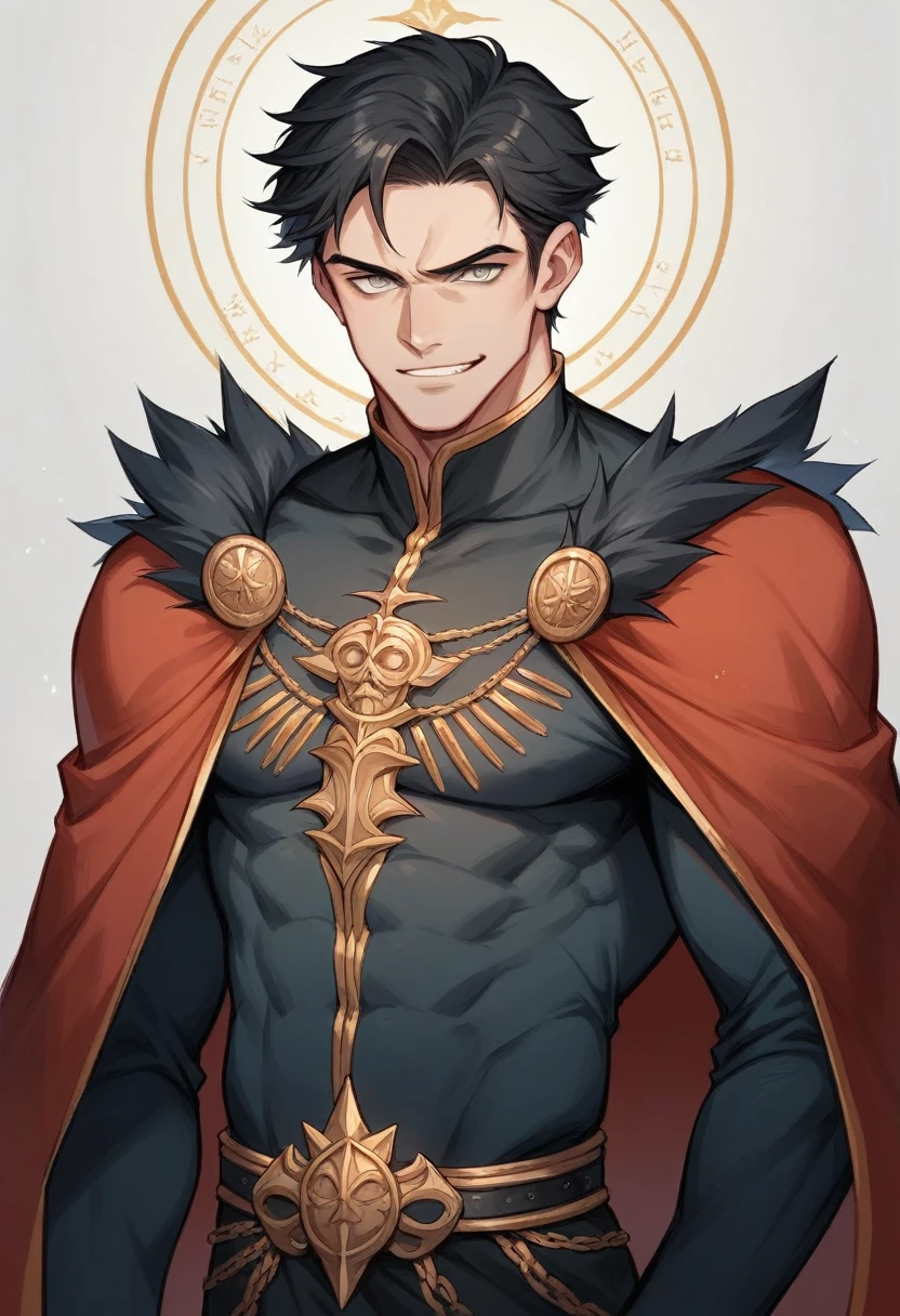 A realistic 20 year prince of darkness. He has grey eyes. Black Hair He is beautful but strong. Wearing all black prince outfit. Has a mischievous smirk