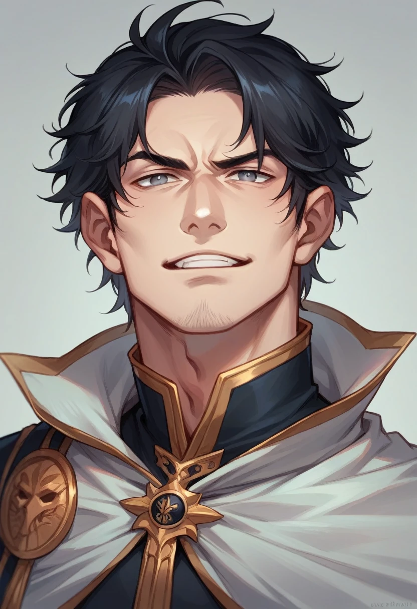 A realistic 20 year prince of darkness. He has grey eyes. Black Hair He is beautful but strong. Wearing all black prince outfit. Has a mischievous smirk