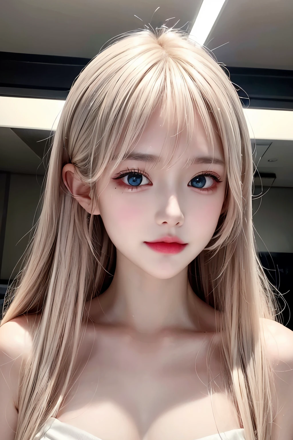 Portrait、、Bright expression、Young, lustrous, glowing, white skin、The best beauty、Blonde reflection、piper peri , Platinum blonde hair with dazzling highlights、Shiny and shiny hair,、Super long silky straight hair、Shiny beautiful bangs、Big, bright, light blue eyes that shine beautifully、Very big eyes、Very beautiful nice cute 15 year old beautiful girl、Ample Bust、The skin is delicate，Head up，Giant Mouth，look at me，（（full throat），（（breathe）），（Throat），Sweat，Interrupt），the dress is dripping，super low neck dress，No underwear，Pantyless，Water spray、bangs over eyes、片bangs over eyes、Bangs between the eyes、Small Face Beauty、Cheek gloss highlighter、Small Face Beauty、Round face