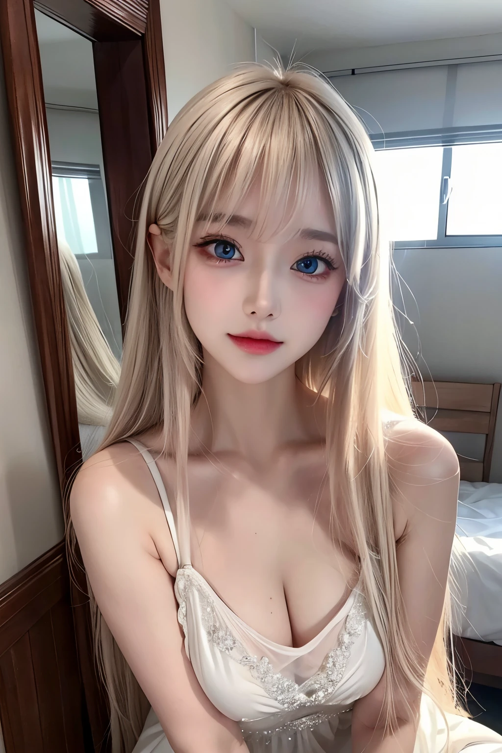 Portrait、、Bright expression、Young, rous, glowing, white skin、The best beauty、Blonde reflection、piper peri , Platinum blonde hair with dazzling highlights、Shiny and shiny hair,、Super long silky straight hair、Shiny beautiful bangs、Big, bright, light blue eyes that shine beautifully、Very big eyes、Very beautiful nice cute 15 yutiful girl、Ample Bust、The skin is delicate,Head up,Giant Mouth,look at me,((full throat),((breathe)),(Throat),Sweat,Interrupt),the dress is dripping,super low neck dress,No underwear,Pantyless,Watery、bangs over eyes、片bangs over eyes、Bangs between the eyes、Small Face Beauty、Cheek gloss highlighter、Small Face Beauty、Round face