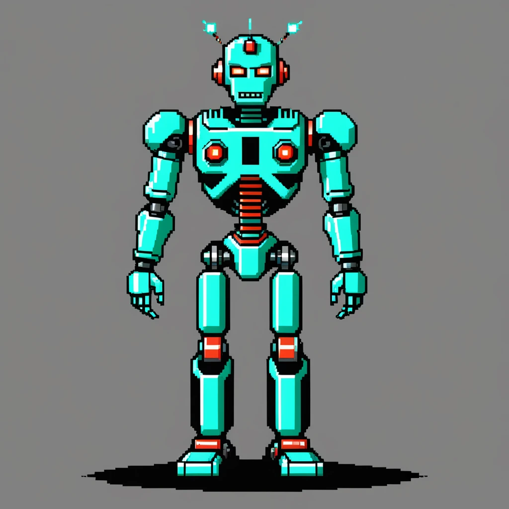 reaches gfx style,Pixel art of cybernetic robot, simple background