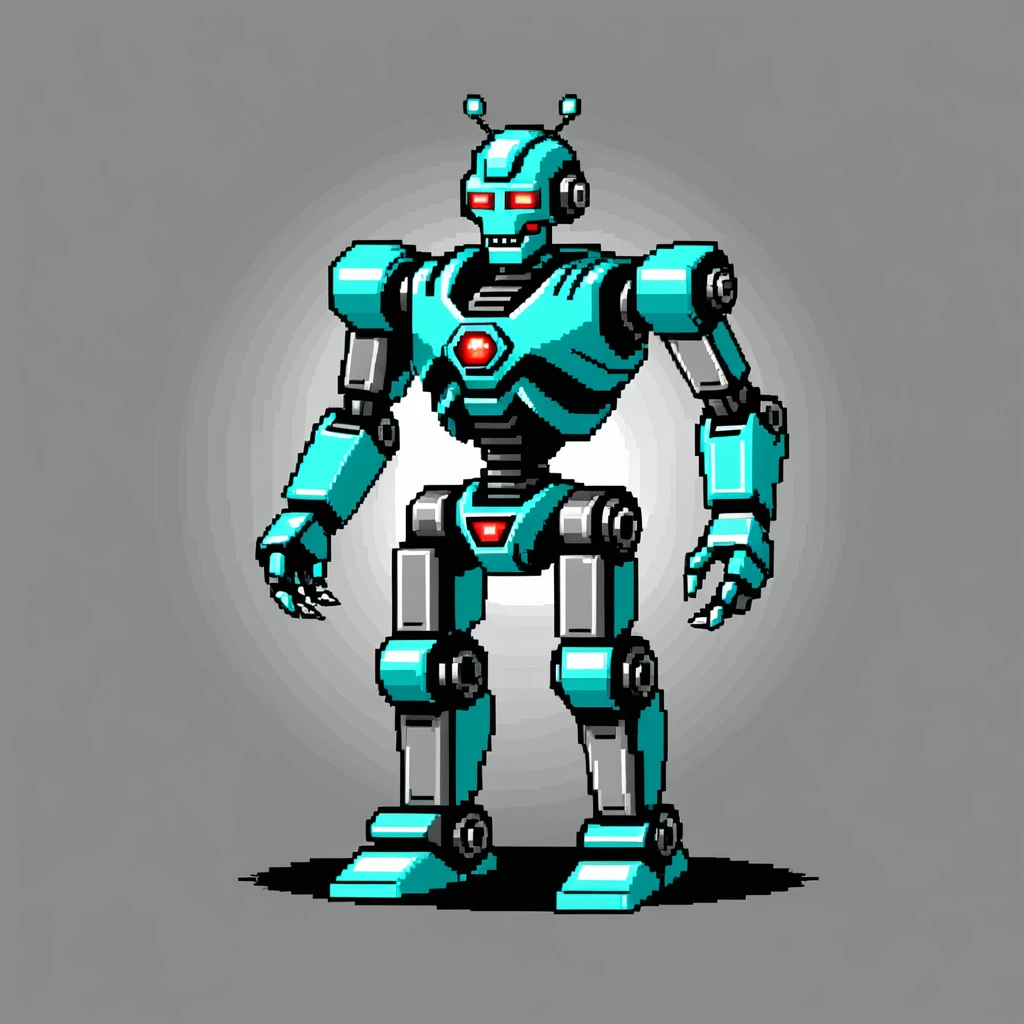 reaches gfx style,Pixel art of cybernetic robot, simple background