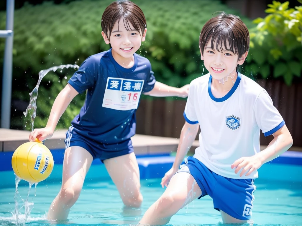 hot summer、primary school、Summer swimming pool、It is sunny、Pouring water on each other、Audible laughter、A lot of boys、Get wet all over、Japan Boy、Glowing water splashes、Pool lessons、Boy playing in water、The happy boys、Strong sunlight、Short sleeve gym uniform、Blue shorts、barefoot,There are only boys 、10age、Highest quality、masterpiece