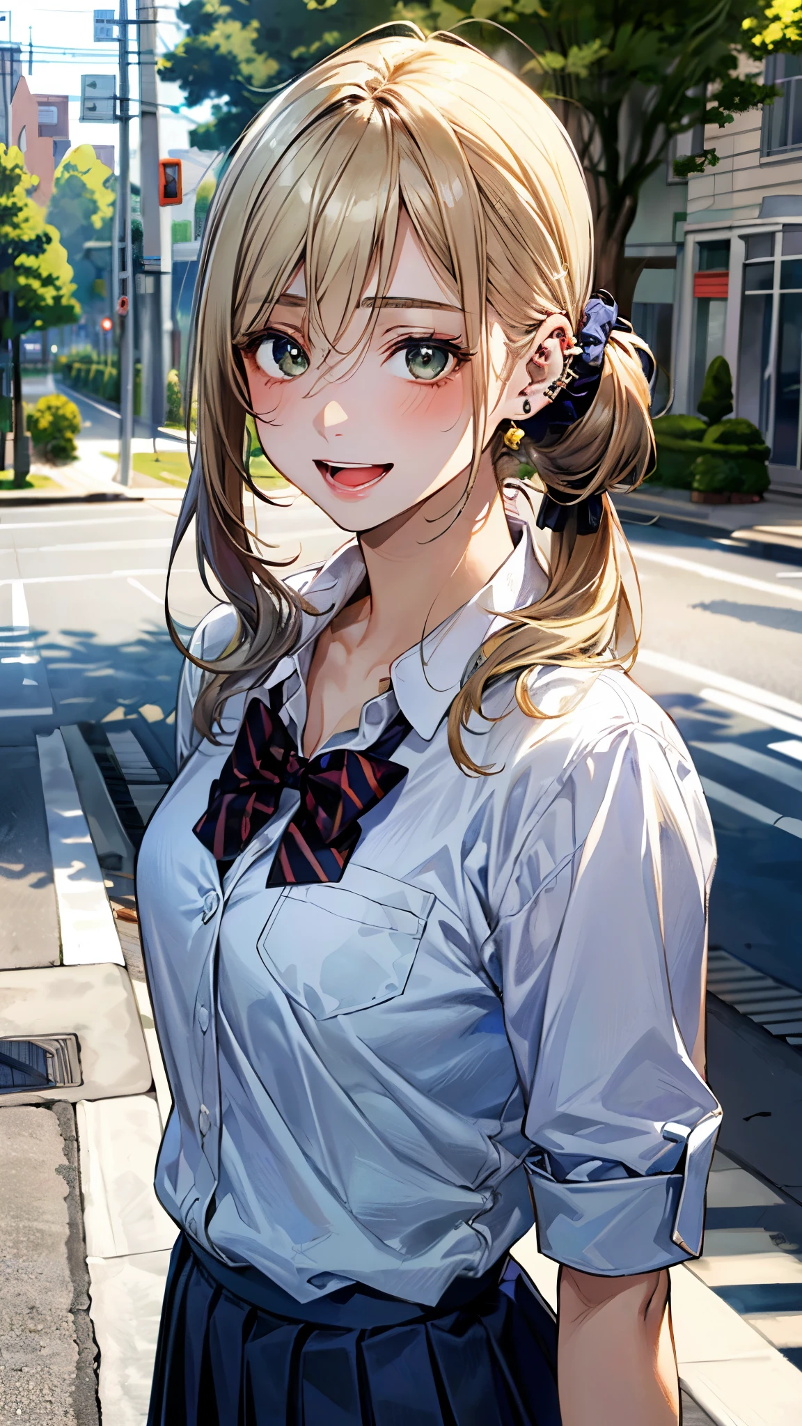 (masterpiece:1.3, top-quality, ultra high res, ultra detailed), (realistic, photorealistic:1.4), beautiful illustration, perfect lighting, colorful, depth of fields, 
beautiful detailed hair, beautiful detailed face, beautiful detailed eyes, beautiful clavicle, beautiful body, beautiful chest, beautiful thigh, beautiful legs, beautiful fingers, 
looking at viewer, 1 girl, japanese, high school girl, perfect face, (perfect anatomy, anatomically correct), cute and symmetrical face, babyface, , shiny skin, 
(middle hair:1.5, topknot, loose hair, blonde hair), hair between eyes, dark green eyes, drooping eyes, big eyes, long eye lasher, (medium breasts), slender, 
((navy blazer, collared white shirt, navt pleated skirt)), dark red bow tie, piercing, hair scrunchie, 
(beautiful scenery), evening, (tree-lined street), walking, (lovely smile, upper eyes, open mouth), 