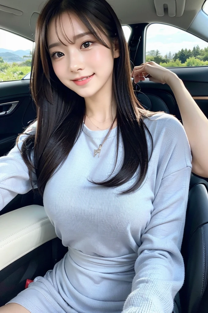8K、High definition、Ultra Detail、Photorealistic、Realistic and accurate depiction、Realistic and accurate human anatomy、High resolution、Highest quality、Japanese beautiful girl、masterpiece,Highest quality,Raw photo、She sits in the passenger seat of the car、Drive Date、A very cute face like an idol 、Very beautiful black hair、A refreshing smile、Cute hairstyle、Neat and cute clothes