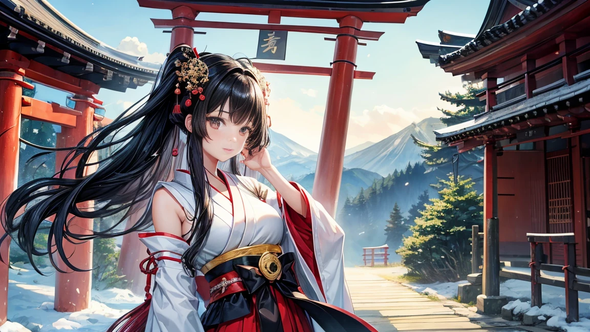 18-year-old girl、Black hair that grows to the waist、Japanese Shrine Maiden Costume、Praying、Daytime forest、Large Torii Gate