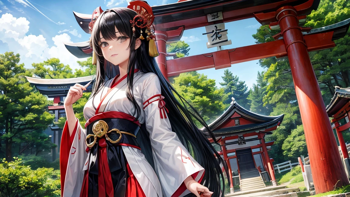 18-year-old girl、Black hair that grows to the waist、Japanese Shrine Maiden Costume、Praying、Daytime forest、Large Torii Gate