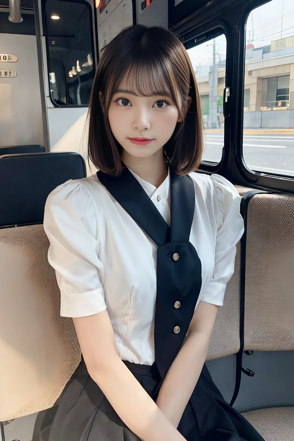 Create a close-up image of a beautiful Japanese woman who works as a bus guide with a seductive expression.。She wears a tight uniform、プロフェッショナルさとcharmを強調しています。Her hair was neatly tied up.、She has an elegant look with her short hair style.。The background is a softly blurred bus interior.、The warm lighting highlights her features.。The makeup is perfect、特に目と唇に重点を置いて彼女のcharmを引き立てています。Confident、She has a slightly mysterious look、Elegance、charm、And it creates a professional atmosphere.。It fits her body perfectly、Show off your curves but still look polished and professional。makes her silhouette look elegant、Make sure to highlight her style。