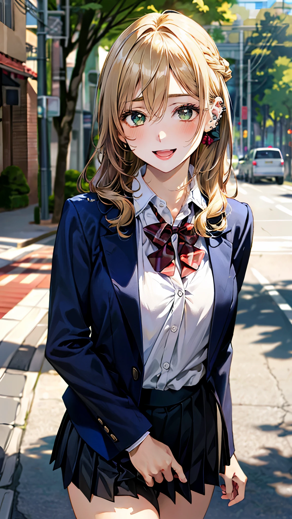 (masterpiece:1.3, top-quality, ultra high res, ultra detailed), (realistic, photorealistic:1.4), beautiful illustration, perfect lighting, colorful, depth of fields,
beautiful detailed hair, beautiful detailed face, beautiful detailed eyes, beautiful clavicle, beautiful body, beautiful chest, beautiful thigh, beautiful legs, beautiful fingers,
looking at viewer, 1 girl, japanese, high school girl, perfect face, (perfect anatomy, anatomically correct), cute and symmetrical face, babyface, , shiny skin,
(middle hair:1.5, topknot, loose hair, blonde hair), hair between eyes, dark green eyes, drooping eyes, big eyes, long eye lasher, (medium breasts), slender,
((navy blazer, collared white shirt, navt pleated skirt)), dark red bow tie, piercing, hair scrunchie,
(beautiful scenery), evening, (tree-lined street), walking, (lovely smile, upper eyes, open mouth),