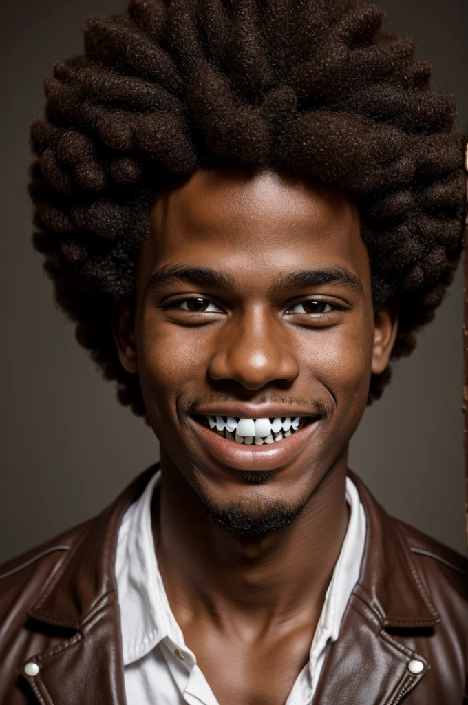 age boy made of chocolate with braces in his mouth and afro hair