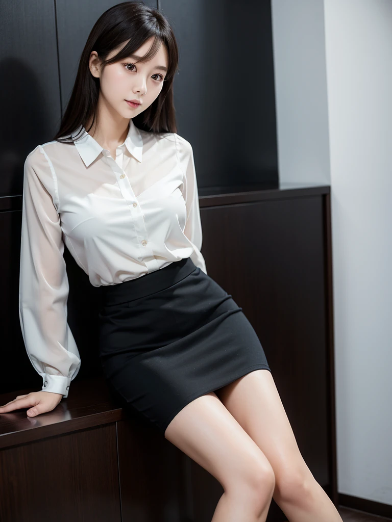 office、Pencil Skirt 、Sheer blouse(Highest quality)、((Very detailed))、4K、(8k)、masterpiece、Very detailedな、Highest quality、Super Resolution、1 person、Kind Face、Soft Light、RAW quality、Soft Skin、163cm、28 years old、Thighs