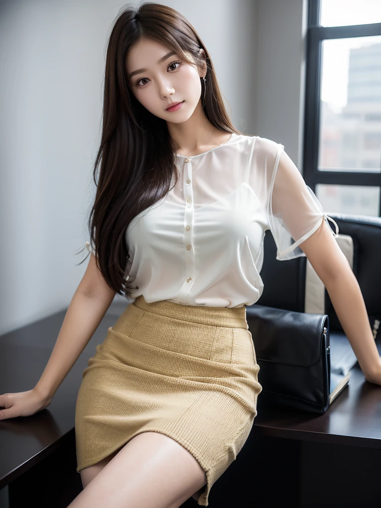 office、Pencil Skirt 、Sheer blouse(Highest quality)、((Very detailed))、4K、(8k)、masterpiece、Very detailedな、Highest quality、Super Resolution、1 person、Kind Face、Soft Light、RAW quality、Soft Skin、163cm、28 years old、Thighs