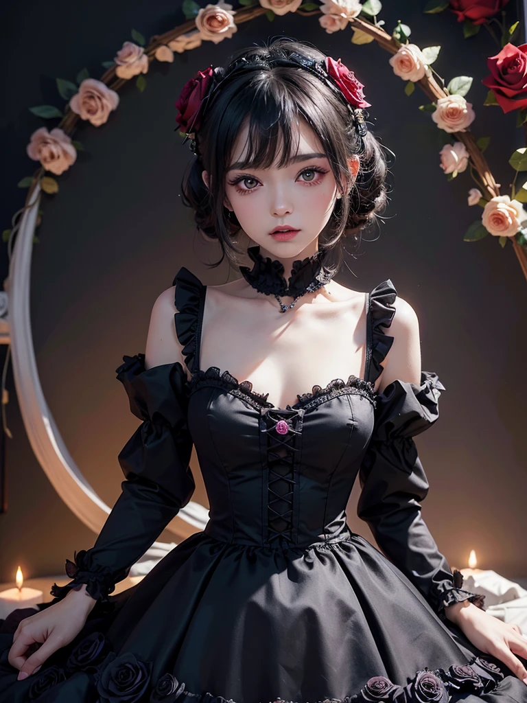 masterpiece, best quality,1girl,GothGal,frilly dress 8k,highres, (rose flower_styler:1.2)(rainbow-candy:1.2)Night,恥じらい