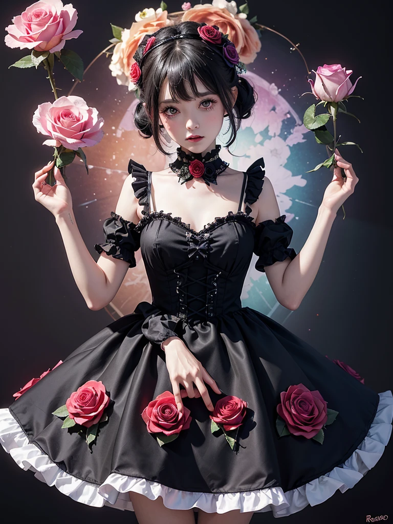 masterpiece, best quality,1girl,GothGal,frilly dress 8k,highres, (rose flower_styler:1.2)(rainbow-candy:1.2)Night,恥じらい