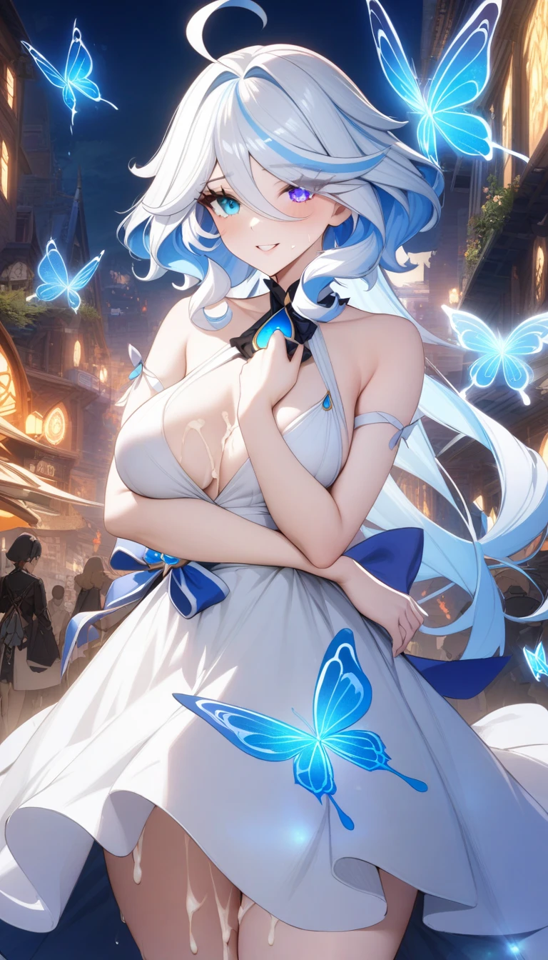 masterpiece, best quality, very aesthetic, absurdres, 1girl, mature_lady,white_dress,(cum_on_body:1.2),,furina(genshin impact), heterochromia,bule hair,blue eyes,,in a city floating in sky,luminous butterflies, fluttering butterflies,
