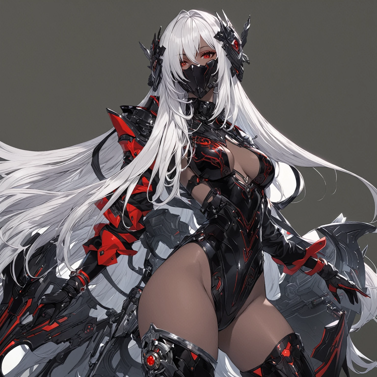 masterpiece, best quality, good quality, Modern Sci-Fi Fantasy aesthetics, Highly detailed, shadowverse style, female, masked, dark skin, red eye, silver hair