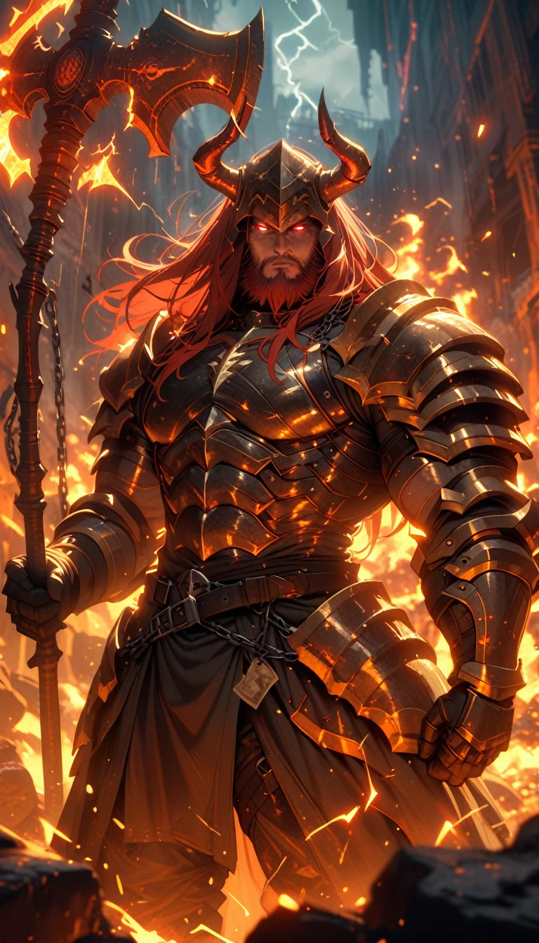 ((best quality)) , ((masterpiece)) , (detailed),axe, 1boy, male focus, horns, glowing eyes, holding, beard, glowing, solo, weapon, holding axe, facial hair, muscular, fire, holding weapon, chain, looking at viewer, long hair, lightning, muscular male, red hair, horned helmet, armor, helmet, belt, fake horns, molten rock, feet out of frame, standing, battle axe, electricity,(((train)))