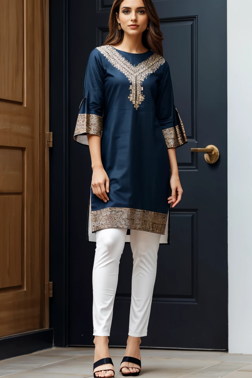 The dress in the image is a sophisticated kurti featuring a mix of traditional and contemporary design elements.

1. **Color and Pattern**: The dress is predominantly light copper brown with an intricate floral print in shades of brown and grey, giving it a natural and elegant appearance.
2. **Neckline**: It has a round neckline with a short, subtle slit at the front, adding a touch of modernity.
3. **Sleeves**: The sleeves are elbow-length, which adds to the modest and versatile look of the outfit.
4. **Fit and Length**: The kurti is tailored in a straight cut that falls just below the knee. It includes side slits, ensuring ease of movement and comfort.
5. **Fabric**: The fabric appears to be a lightweight and breathable material, suitable for both casual and semi-formal occasions.
6. **Styling**: The model accessorizes the kurti with white strappy sandals and a white tote bag, enhancing the casual yet chic vibe of the outfit.

((Dark background, rim light, key lights,)) 